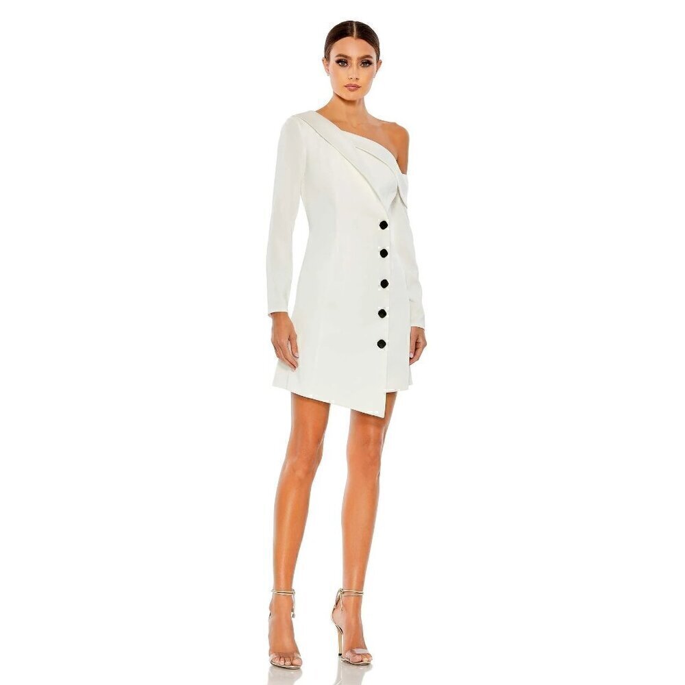 MAC DUGGAL Drop Shoulder Faux Tuxedo Mini Dress White Womens Size 0